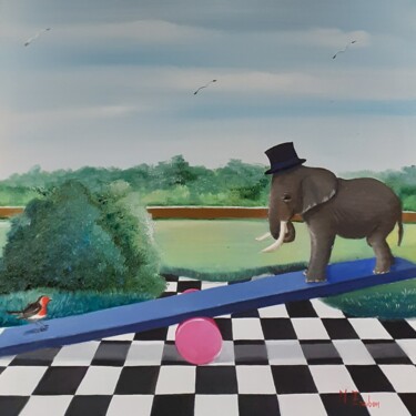 Картина под названием "L'elefante e l'ucce…" - Monica Zambon, Подлинное произведение искусства, Масло