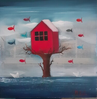 Malerei mit dem Titel "La casa rossa" von Monica Zambon, Original-Kunstwerk, Öl