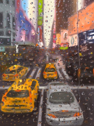 Painting titled "Rain and the city" by Monika H. Csanyi, Original Artwork, Oil