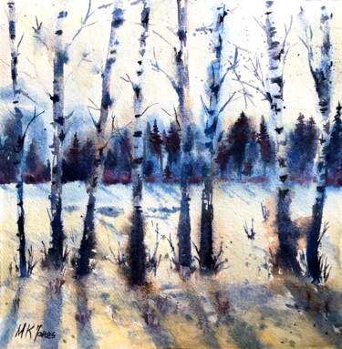 Pintura intitulada "Winter Woodlands" por Monika Jones, Obras de arte originais, Aquarela