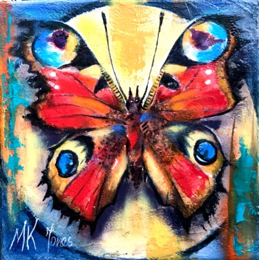Painting titled "Peacock Butterfly" by Monika Jones, Original Artwork, Watercolor Mounted on Wood Stretcher frame