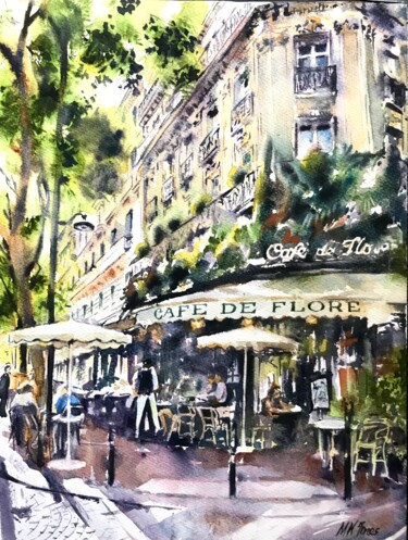 Schilderij getiteld "Cafe De Flore" door Monika Jones, Origineel Kunstwerk, Aquarel