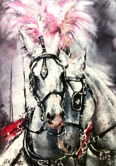 Картина под названием "Horses" - Monika Jones, Подлинное произведение искусства, Акварель