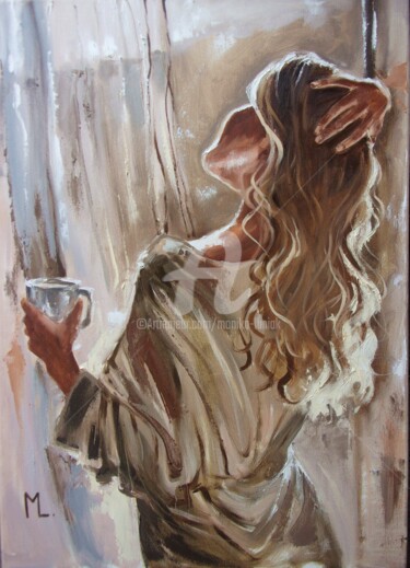Painting titled "" WARM MORNING COFF…" by Monika Luniak, Original Artwork, Oil