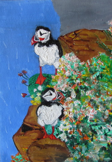 Schilderij getiteld "Puffins" door Monikr, Origineel Kunstwerk, Olie