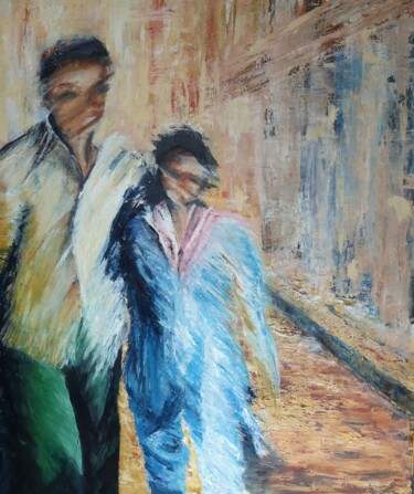 Painting titled "le couple" by Monique Blanchet, Original Artwork, Oil Mounted on Wood Stretcher frame