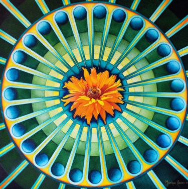 Peinture intitulée "Mandala  le  Zinnia" par Monique Caunes, Œuvre d'art originale, Aquarelle