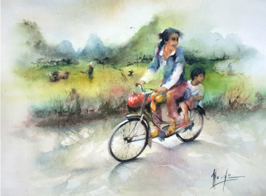 Pintura intitulada "Balade chinoise" por Monique Delord, Obras de arte originais, Aquarela