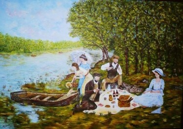 Malarstwo zatytułowany „Déjeuner au bord du…” autorstwa Monique Laville, Oryginalna praca, Olej