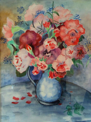 Ζωγραφική με τίτλο "bouquet rose et bleu" από Monique Maurice (Mona), Αυθεντικά έργα τέχνης, Ακουαρέλα Τοποθετήθηκε στο Χαρτ…