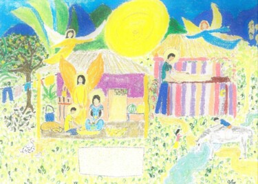Schilderij getiteld "Sainte famille maya" door Monique Pouchet, Origineel Kunstwerk, Pastel