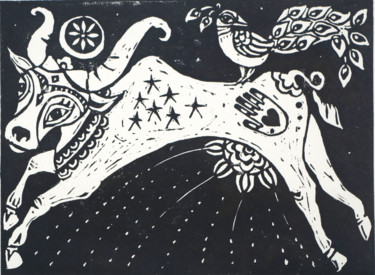 Estampas & grabados titulada "The cow who jumped…" por Penny Wright, Obra de arte original, Linograbados