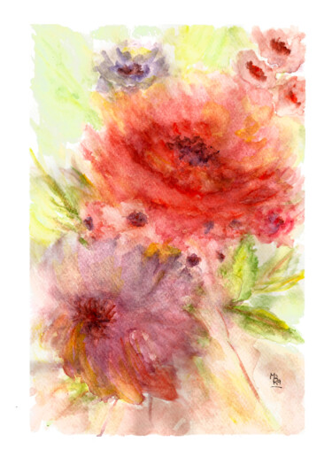 Картина под названием "Flores del jardín" - Mora Castela, Подлинное произведение искусства, Акварель