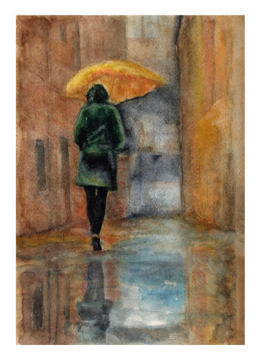Pintura intitulada "Bajo la lluvia" por Mora Castela, Obras de arte originais, Aquarela