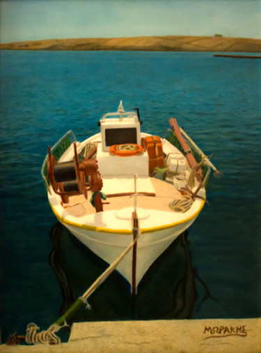 Painting titled "fish boat-1" by Morakisvang, Original Artwork, Oil Mounted on Wood Panel