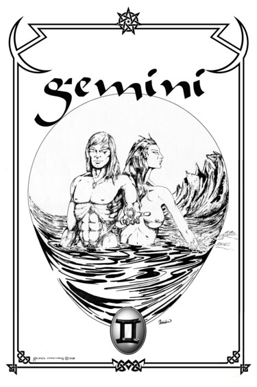 Digitale Kunst mit dem Titel "Gemini Zodiac Sign" von Moreno Franco, Original-Kunstwerk, Tinte