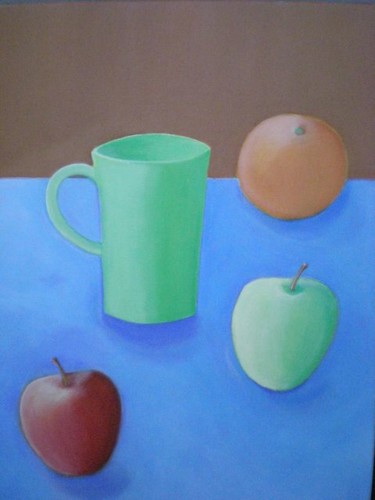 Peinture intitulée "Mug vert et fruits" par Morgane A., Œuvre d'art originale