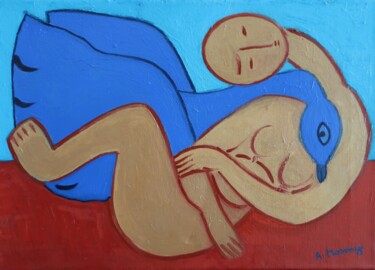 Painting titled "BLUE LOVE" by Adele Mosonyi, Original Artwork, Oil Mounted on Wood Stretcher frame