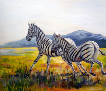 Painting titled "Zebras" by Tigran Movsisyan, Original Artwork, Oil Mounted on Wood Stretcher frame