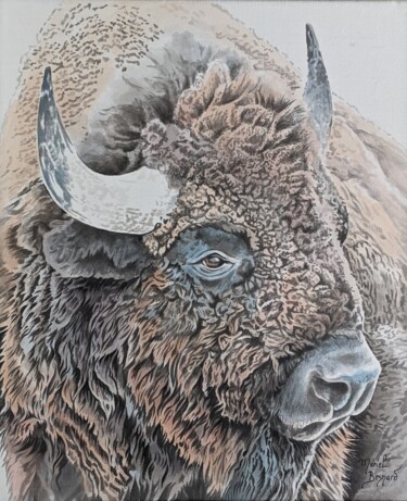 제목이 "Le bison"인 미술작품 Muriel Besnard로, 원작, 잉크 나무 들것 프레임에 장착됨