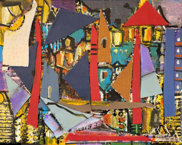 Collages intitulée "Les maisons du rega…" par Muriel Cayet, Œuvre d'art originale, Collages Monté sur Châssis en bois