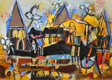 Collages titled "Tempo Jazz Paysage" by Muriel Cayet, Original Artwork, Collages Mounted on Wood Stretcher frame