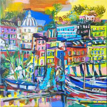 Painting titled "L'autre petit port" by Muriel Cayet, Original Artwork, Acrylic Mounted on Wood Stretcher frame