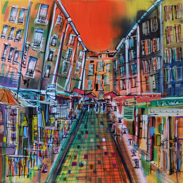 Peinture intitulée "La rue commerçante" par Muriel Cayet, Œuvre d'art originale