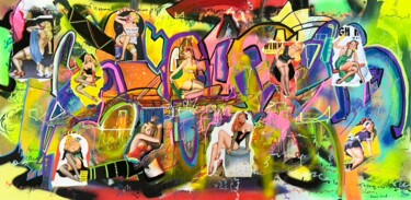 Schilderij getiteld "Pin up vintage" door Muriel Deumie, Origineel Kunstwerk, Graffiti Gemonteerd op Frame voor houten branc…