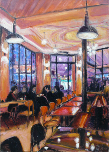 Painting titled "Au café derrière Ba…" by Muriel Henry, Original Artwork, Oil Mounted on Wood Stretcher frame