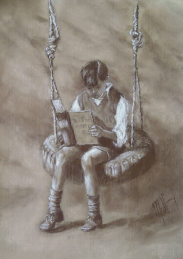 Disegno intitolato "L'enfant à la balan…" da Muriel Henry, Opera d'arte originale, Pastello