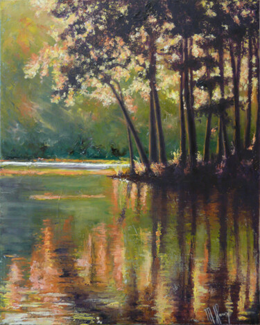 Painting titled "Arbres et reflets 1" by Muriel Henry, Original Artwork, Oil Mounted on Wood Stretcher frame