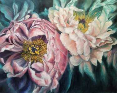 Painting titled "Peonies" by Muriel Henry, Original Artwork, Oil Mounted on Wood Stretcher frame