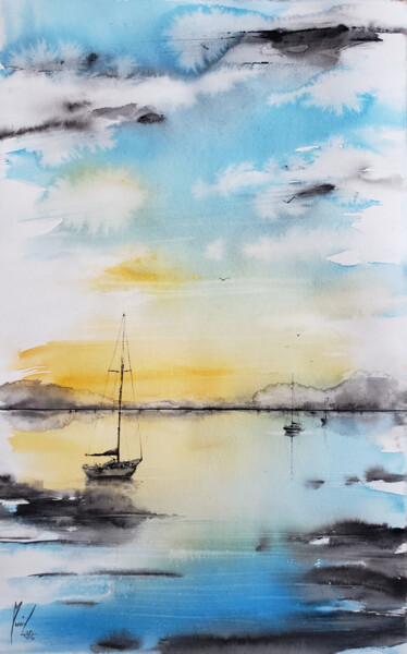 Painting titled "Marine XII" by Muriel Mougeolle, Original Artwork, Watercolor