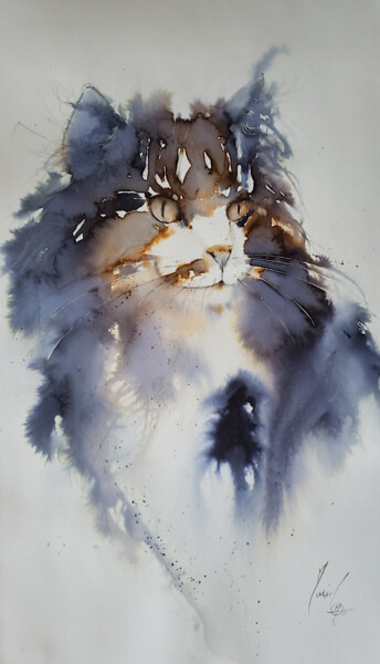 Painting titled "Chat noir et doré" by Muriel Mougeolle, Original Artwork, Watercolor