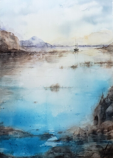 Painting titled "Horizon silencieux" by Muriel Mougeolle, Original Artwork, Watercolor