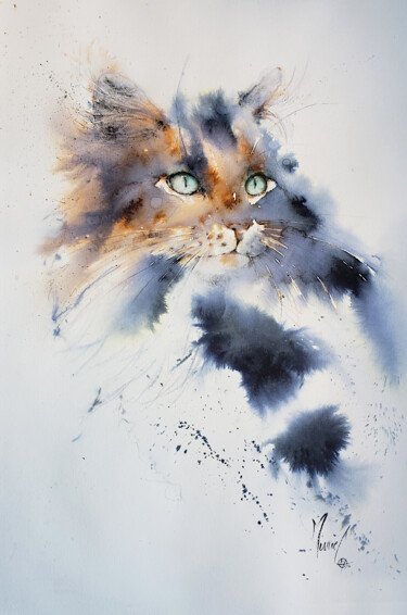 Malarstwo zatytułowany „Sweet cat” autorstwa Muriel Mougeolle, Oryginalna praca, Akwarela
