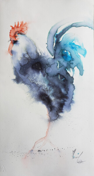 Malerei mit dem Titel "Coq bleu" von Muriel Mougeolle, Original-Kunstwerk, Aquarell