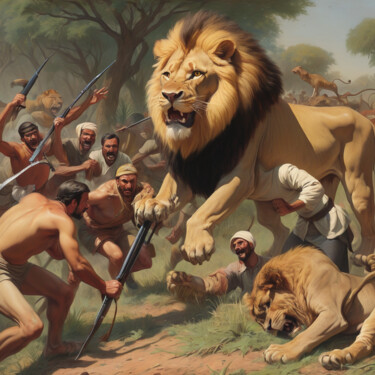 Arte digitale intitolato "Stop hunting lions" da Mustansar Abbas, Opera d'arte originale, Immagine generata dall'IA