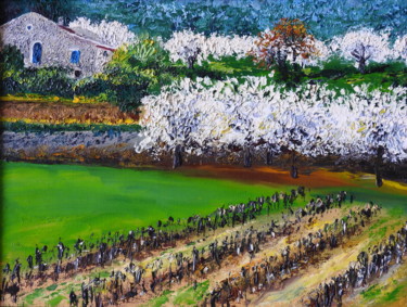 Painting titled "Huerto en Francia" by Marina Viñoly Apaolaza, Original Artwork, Oil Mounted on Other rigid panel