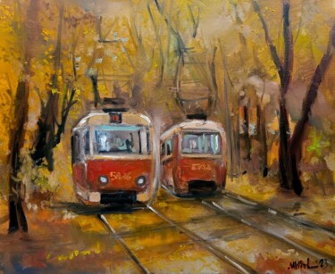 Schilderij getiteld "Kyiver Straßenbahnen" door Mykhailo Yudovskyi, Origineel Kunstwerk, Olie