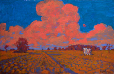 Painting titled "Landscape with plow…" by Mykola Kozlovskyi, Original Artwork, Acrylic