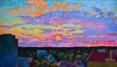 Painting titled "Sunset in new Lviv." by Mykola Kozlovskyi, Original Artwork, Oil Mounted on Wood Stretcher frame