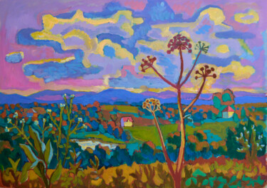 Schilderij getiteld "In the evening Land…" door Mykola Kozlovskyi, Origineel Kunstwerk, Acryl