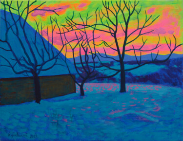 Pintura intitulada "Winter twilight." por Mykola Kozlovskyi, Obras de arte originais, Acrílico