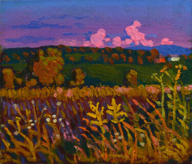 Pintura intitulada "Landscape with pink…" por Mykola Kozlovskyi, Obras de arte originais, Óleo Montado em Cartão
