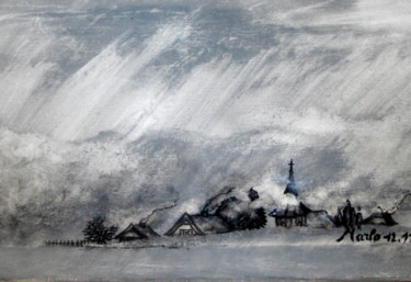 Painting titled "village-sous-la-nei…" by Marianne Charlotte Mylonas-Svikovsky (Marlo), Original Artwork, Ink