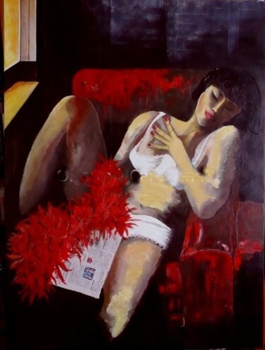Painting titled "BOA ROUGE" by Marie-Paule Jouin (MYP), Original Artwork, Oil Mounted on Wood Stretcher frame