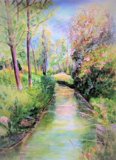 Peinture intitulée "Le ruisseau derrièr…" par Myriam Gylon, Œuvre d'art originale, Acrylique