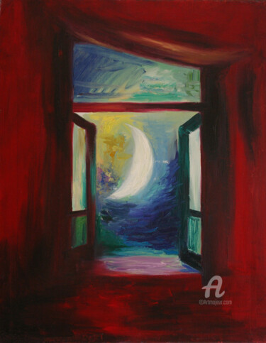 Painting titled "noche de luna" by Myriam Lucas, Original Artwork, Oil